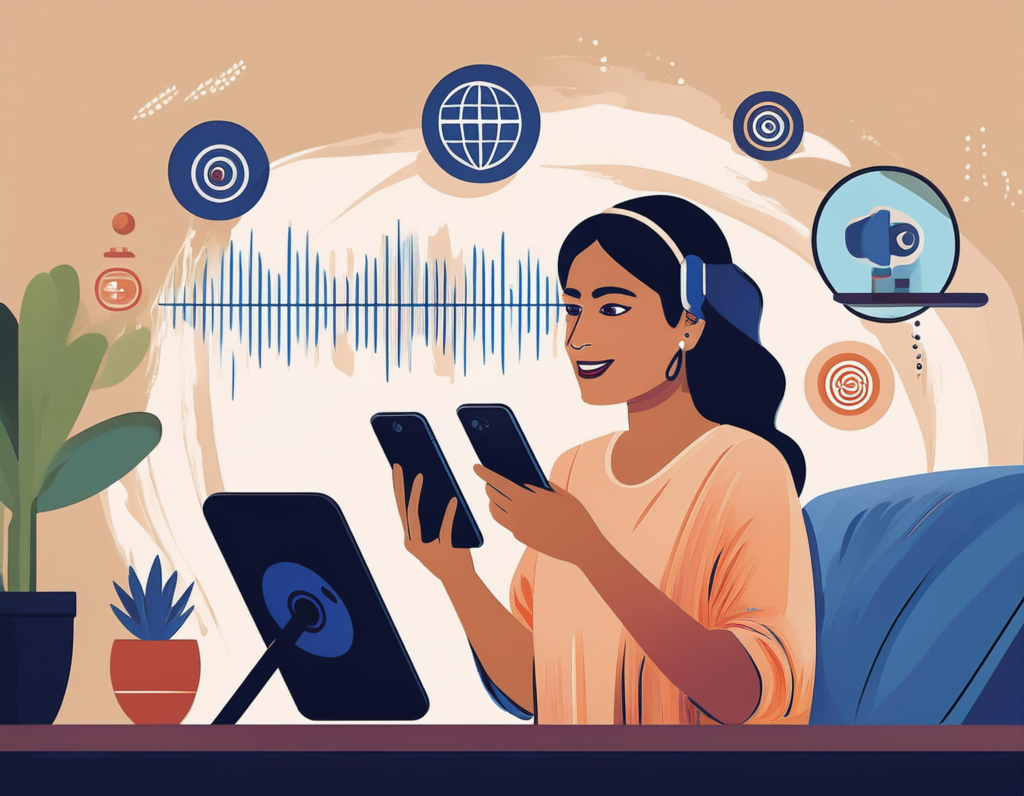 Illustration of a person using a voice-activated smart device in a cozy home setting, with sound waves connecting to icons representing voice search SEO elements like local SEO, website speed, and conversational keywords.