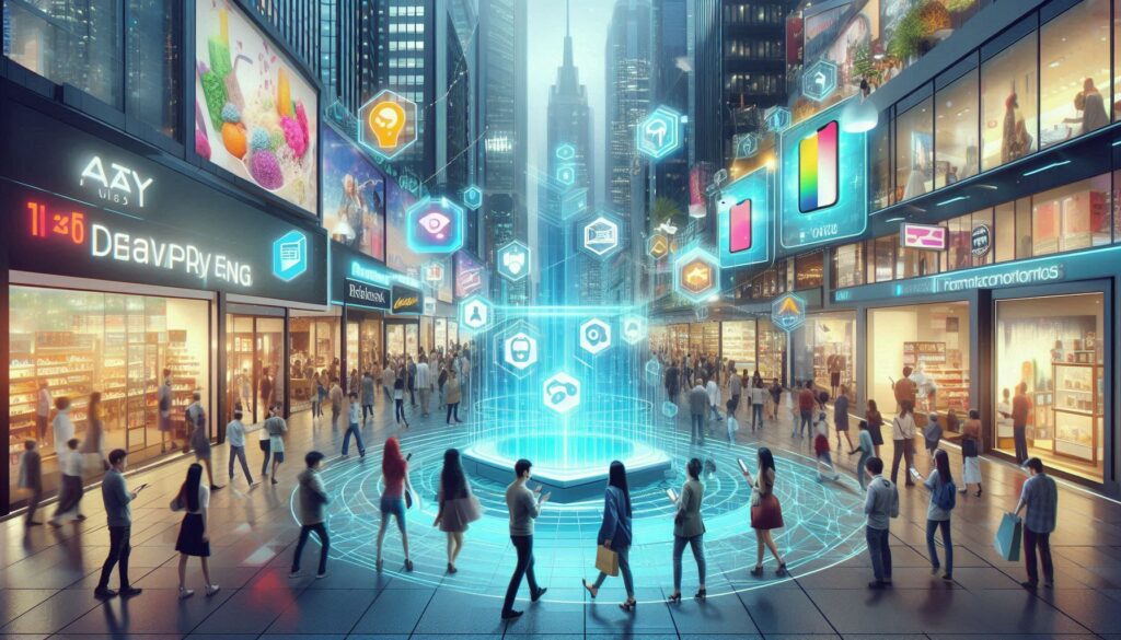 Vibrant digital illustration of people interacting with Augmented Reality (AR) in a futuristic cityscape, featuring dynamic AR elements like animated advertisements and virtual product previews.