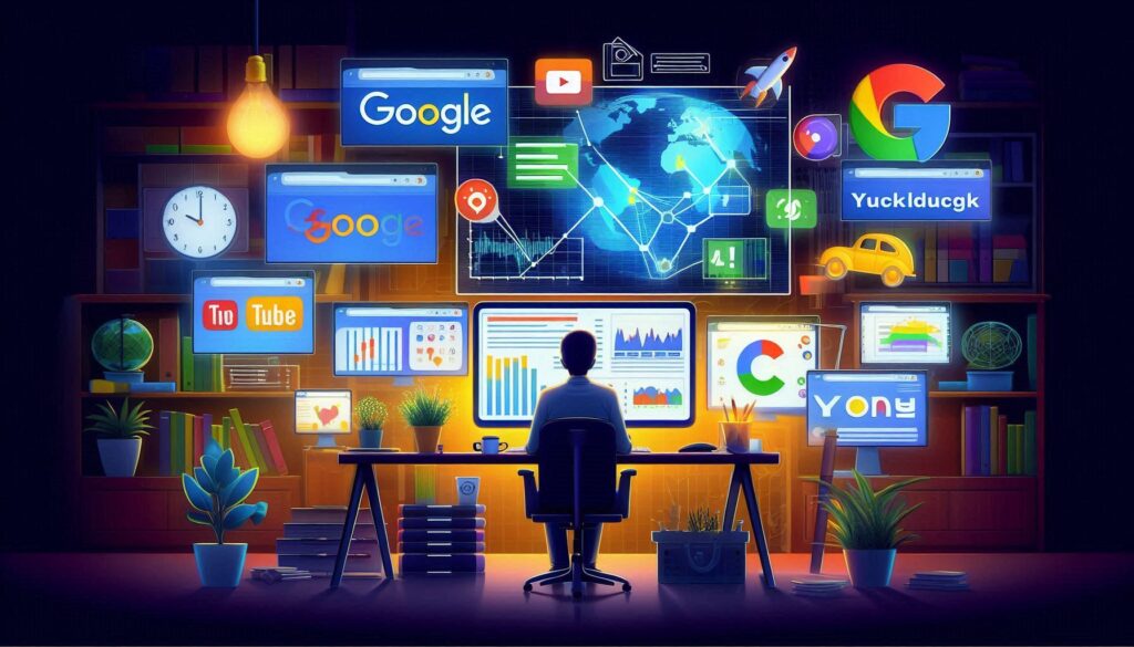 A digital marketing strategist's desk featuring diverse search engine dashboards like Google Analytics, Bing Webmaster Tools, and Baidu Statistics, surrounded by a brainstorming board filled with SEO strategies and keyword plans for a global SEO approach.