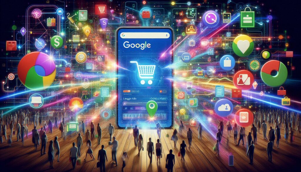 Artistic representation of a digital marketplace featuring a smartphone displaying Google Ads, surrounded by animated shopping carts, search icons, and colorful keywords. Light trails connect ads to customer avatars, symbolizing engagement in online advertising.