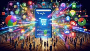 Artistic representation of a digital marketplace featuring a smartphone displaying Google Ads, surrounded by animated shopping carts, search icons, and colorful keywords. Light trails connect ads to customer avatars, symbolizing engagement in online advertising.