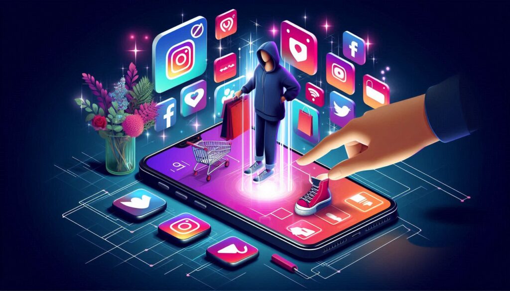 An illustration showing a person using their smartphone to browse shoppable posts on social media platforms like Instagram, TikTok, and Facebook, highlighting the ease and convenience of social commerce.