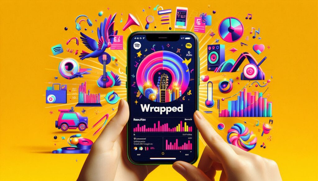 A smartphone displaying Spotify Wrapped with personalized music data, surrounded by social media icons, showcasing the excitement of sharing Wrapped results. Bright colors and dynamic layout emphasize the viral nature of Spotify's campaign.