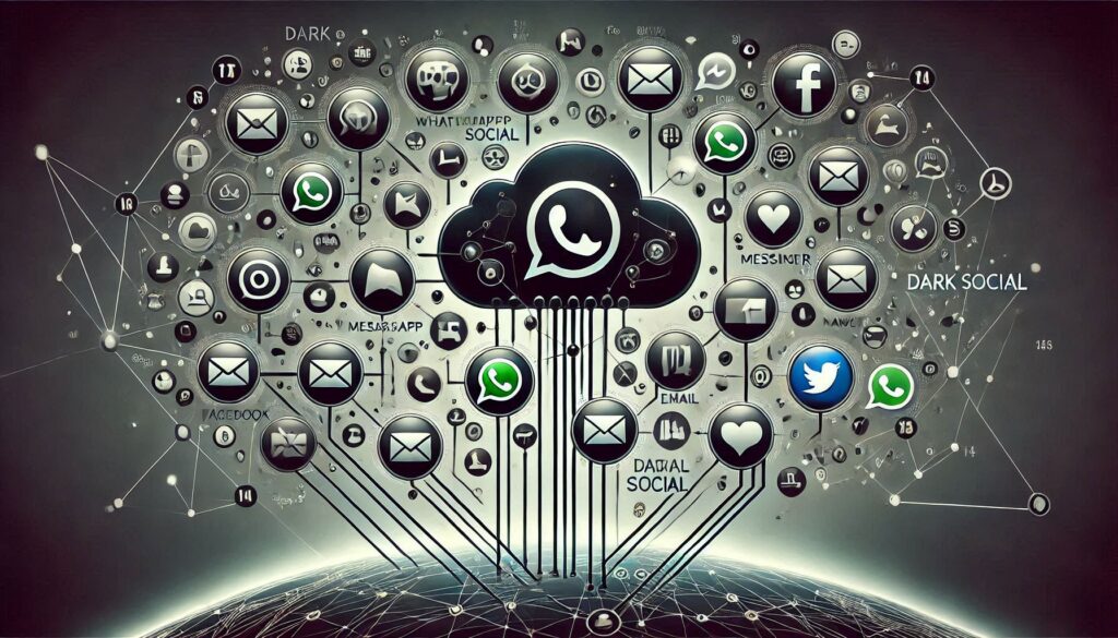 Conceptual illustration of 'dark social' in digital marketing, showing a shadowy network of private messaging apps like WhatsApp and Messenger, contrasted with public social media icons, symbolizing private content sharing and hidden digital communication.