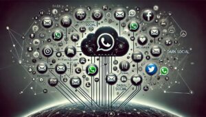 Conceptual illustration of 'dark social' in digital marketing, showing a shadowy network of private messaging apps like WhatsApp and Messenger, contrasted with public social media icons, symbolizing private content sharing and hidden digital communication.