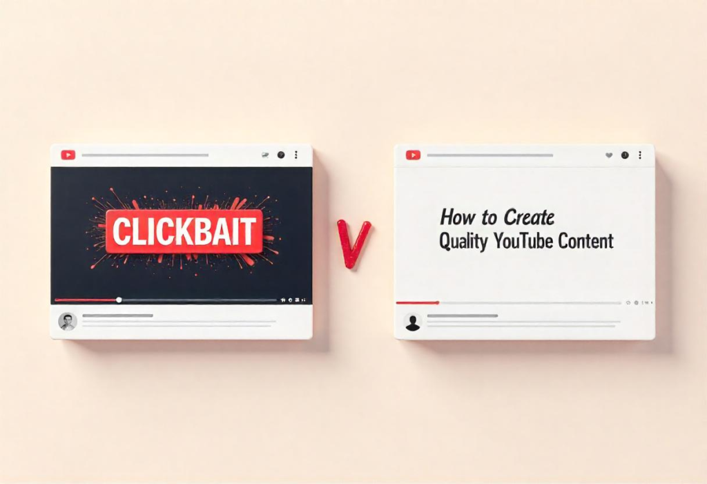 A comparison of two YouTube thumbnails: one with clickbait elements like exaggerated text and flashy visuals, and the other with a clean, professional design focused on authentic content.