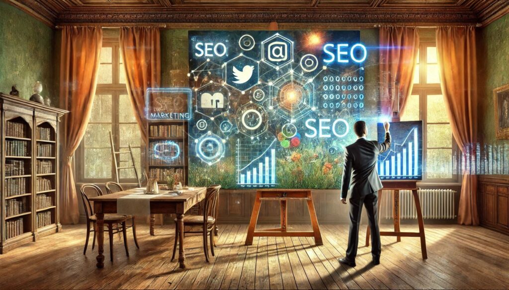 An oil painting depicting the evolution of digital marketing in 2025, with a futuristic workspace featuring glowing data screens, SEO graphs, and abstract marketing symbols, set against a minimalist and creative backdrop.