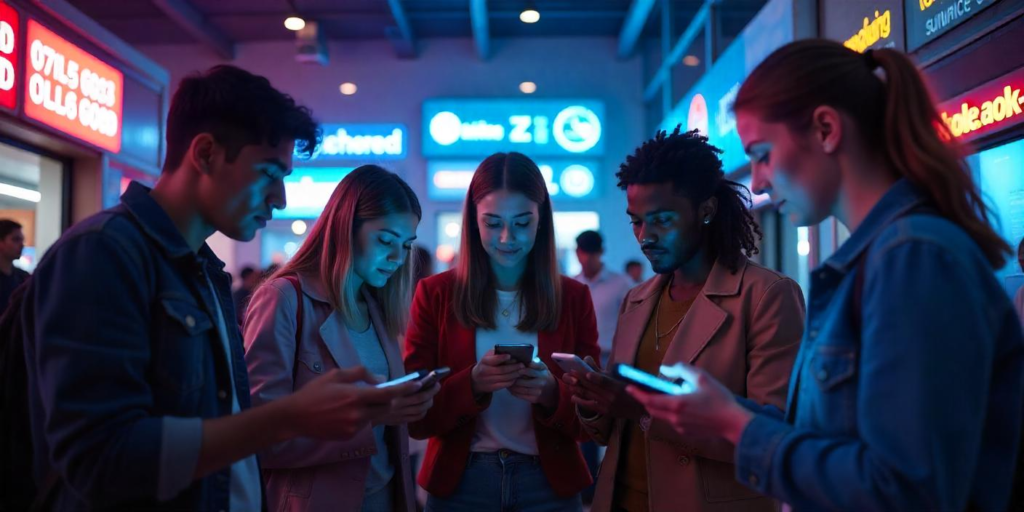 Diverse Gen Z individuals engaging with technology, using smartphones, social media, and AR for shopping, reflecting digital trends, inclusivity, and sustainability.