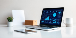 Minimalist flat lay of a modern workspace with a laptop displaying AI, data analytics, and automation icons, symbolizing the impact of Technologies on marketing.