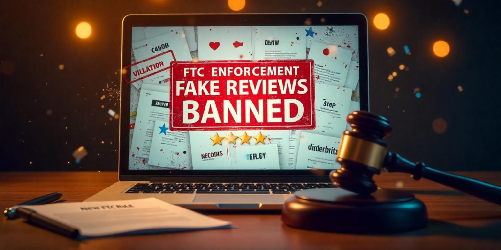 A laptop screen displaying 'FTC Enforcement: Fake Reviews Banned' with shattered star ratings, AI-generated reviews fading, and a judge’s gavel striking down.