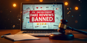 A laptop screen displaying 'FTC Enforcement: Fake Reviews Banned' with shattered star ratings, AI-generated reviews fading, and a judge’s gavel striking down.