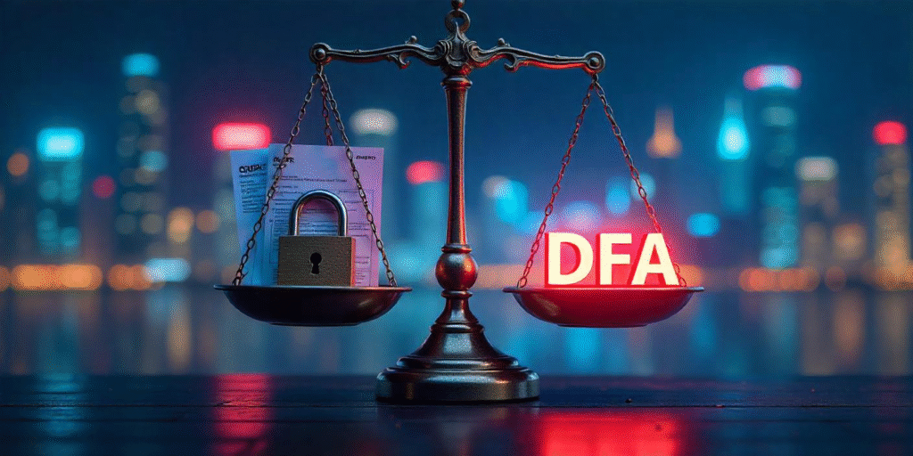 Digital scale balancing GDPR documents and a glowing “DFA” symbol with a futuristic digital city background representing Europe’s evolving digital marketing regulations.