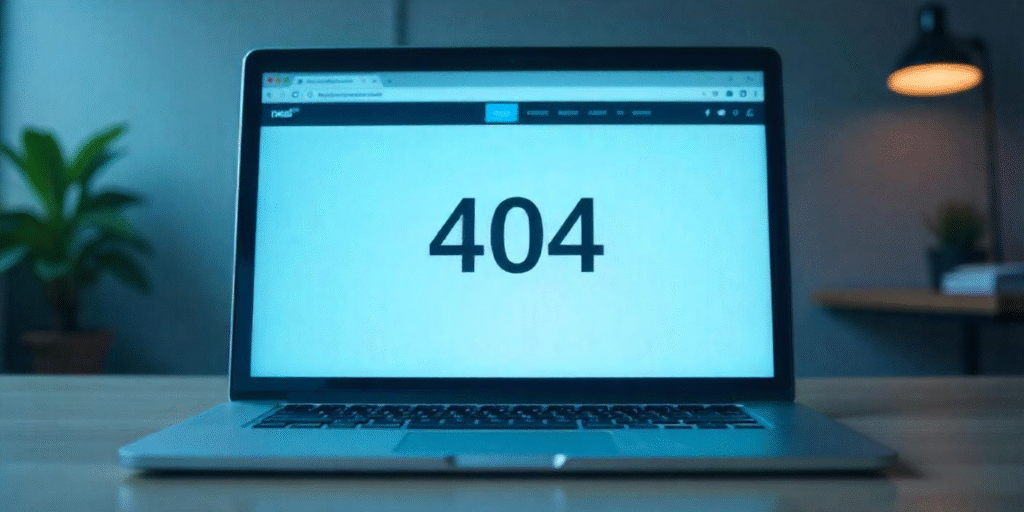 Close-up of a sleek laptop screen displaying a “404 Not Found” error message, set on a bright desk with natural daylight streaming in, highlighting digital frustration.