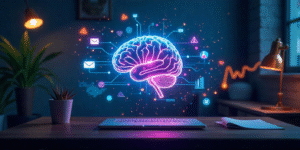 A futuristic workspace featuring an AI-powered brain surrounded by digital marketing icons, symbolizing the rise of GenAI in marketing.