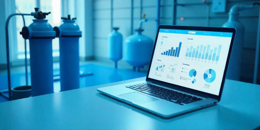 Industrial water treatment plant with SEO charts on a laptop screen, symbolizing Genviss’s digital growth through Real Rank Riser’s marketing strategy.