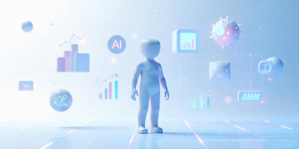 Minimalistic digital illustration showing a stylized human figure in a tech environment, surrounded by floating SEO icons, backlinks, and AI elements.