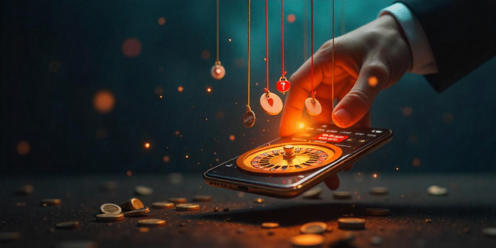 Symbolic digital art showing a puppet controlled by a giant hand made of social media icons, spinning a betting roulette on a smartphone with falling rupee coins and a warning sign, representing the dark influence of betting apps.