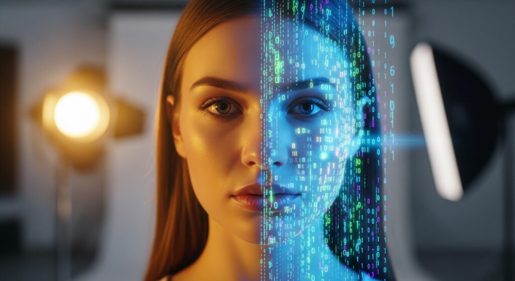 Front-facing cinematic portrait of a beautiful female influencer, half human face and half made of glowing digital code, inside a photography studio.